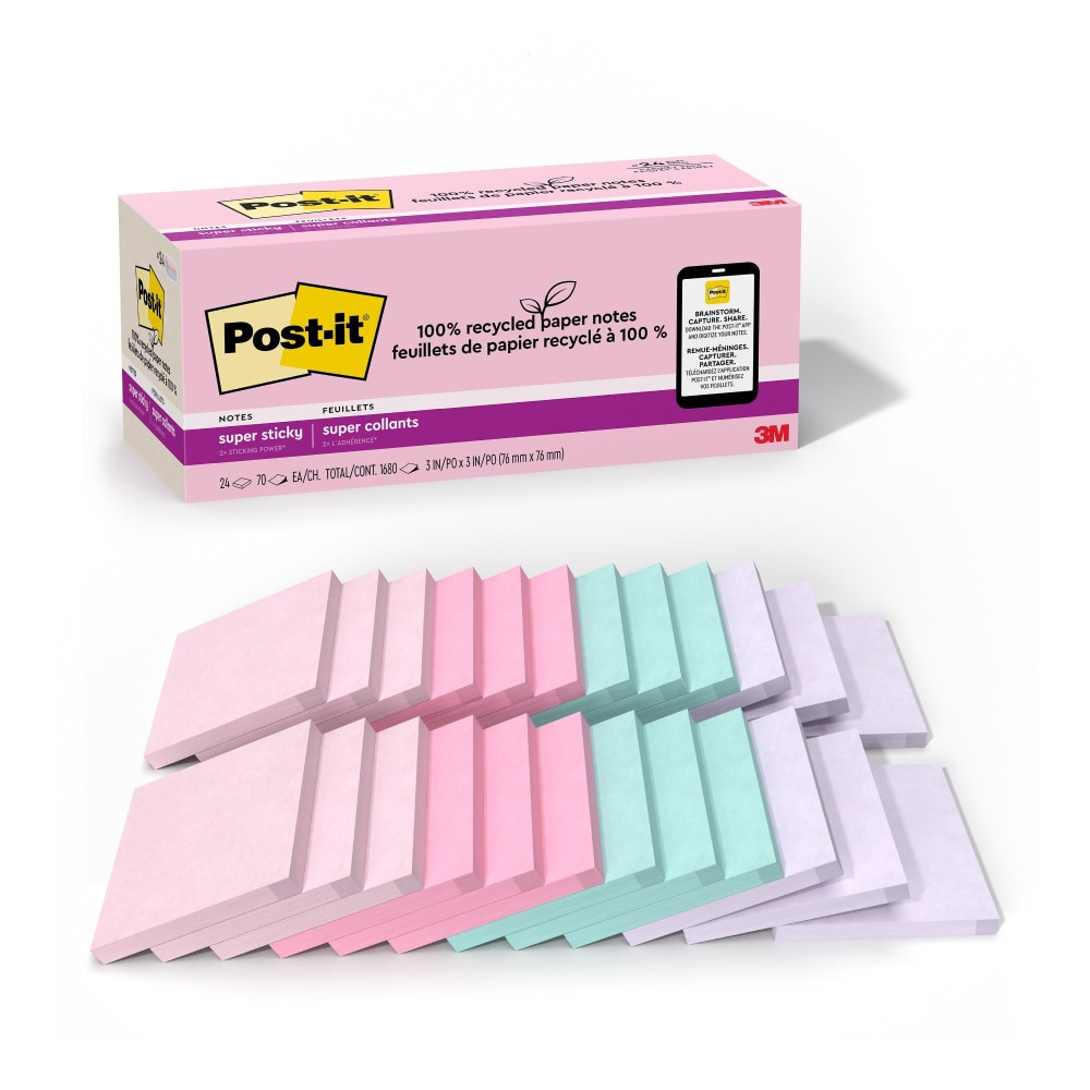3M CO 654R-24SSNRP-CP Post-it Super Sticky Recycled Notes, 24 Pads, 3 in x 3 in, 100% Recycled, 2x the Sticking Power, School Supplies and Office Products, Sticky Notes for Vertical Surfaces, Monitors, Walls and Windows, Wanderlust Pastels Collection