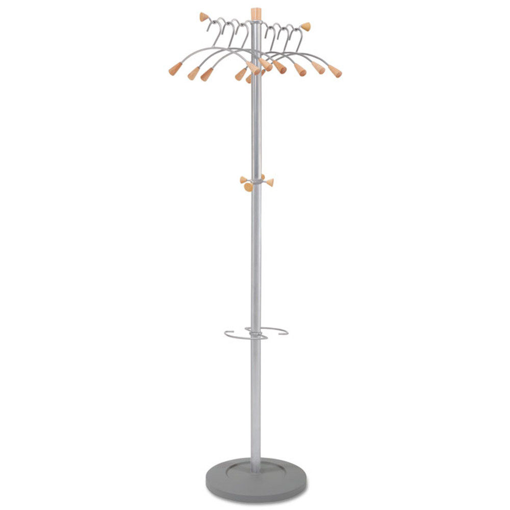 ALBA PMWAVE Wavy Coat Tree, Six Hangers/Two Knobs/Four Hooks, 18.88w x 14d x 68.5h, Silver/Wood