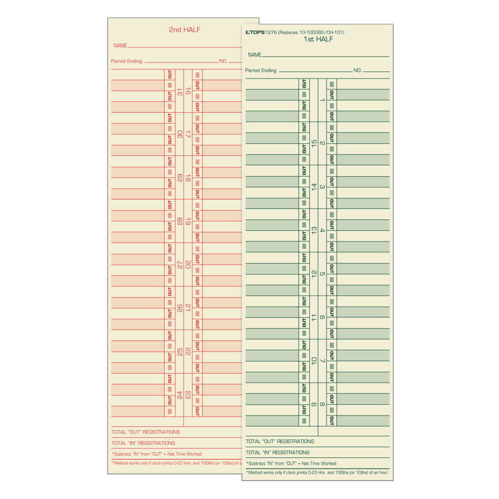 TOPS BUSINESS FORMS 1276 TOPS Time Cards (Replaces Original Cards 10-100372 & CH131), Numbered Days, 2-Sided, Semi-Monthly Format, 10 1/2in x 3 1/2in, Box Of 500