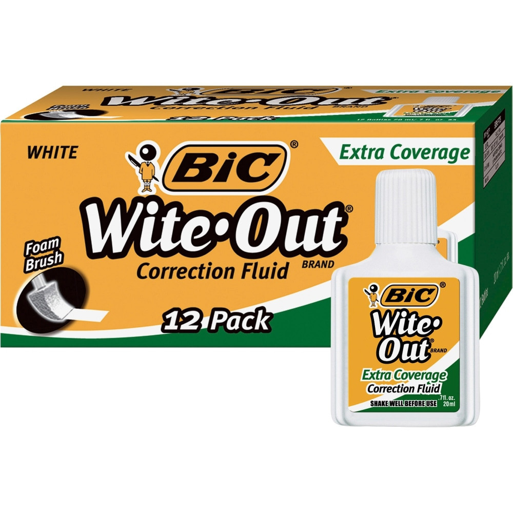 BIC CORP BIC WOFEC12WE  Wite-Out Extra Coverage Correction Fluid, 20 mL Bottles, White, Pack Of 12