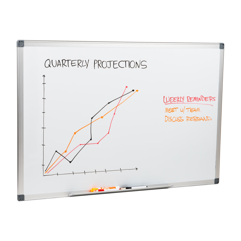 Elevate your communication and organization with this versatile dry erase board, a must-have for offices, classrooms, and homes. From important meetings to meal planning, it serves various functions to streamline your busy life. Maximize its utility by attaching magnets to hold coupons, receipts, or notes, transforming it into a dynamic information hub.  Versatile Functionality: This dry erase board serves a dual purpose by allowing you to write and easily wipe clean, or attach papers and notes using magnets. It offers flexibility in how you use and display information  Convenient Storage: The attached 2.25-inch wide tray provides a convenient place to store erasers and markers (not included), keeping them within easy reach whenever you need them. This helps to keep your workspace organized and efficient  Durable and Lightweight: Constructed from strong aluminum, this dry erase board is built to withstand repeated use while remaining lightweight for easy portability. It offers both durability and convenience in one package  Easy Wall Mounting: This whiteboard can be easily attached to any wall, hardware and detailed instructions are included. This allows you to optimize your space and create a functional writing surface wherever you need it  Dimensions: The dry erase board measures 35.5 inches (90.17 cm) in length and 23.5 inches (59.69 cm) in height. The snap on tray is 17.75 inches long and 2.25 inches wide. It weighs 3.84 lbs (1.74 kg), making it lightweight and easy to handle