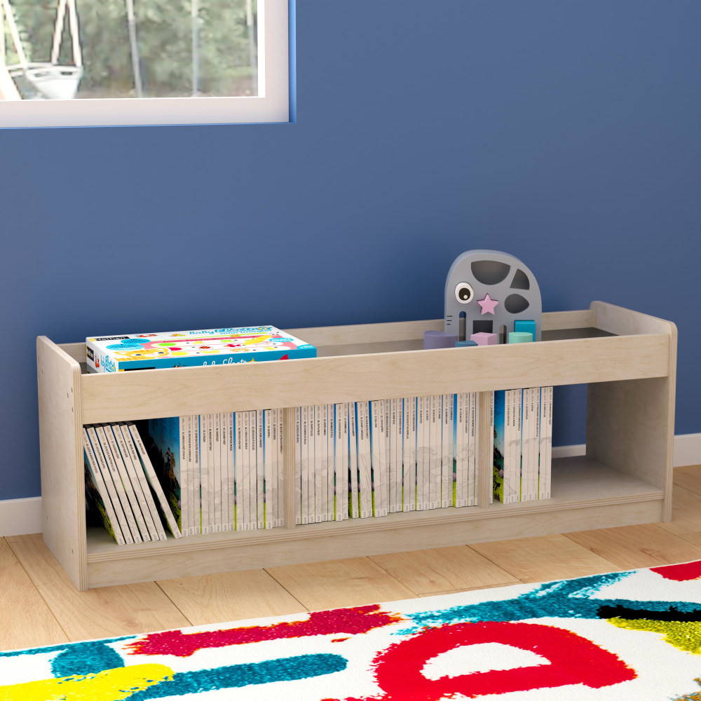 Manage your learning space with help from the Flash Furniture Bright Beginnings Commercial-Grade Modular Wooden 2-Sided 3-Section Classroom Storage Unit With Mirrored Top And Raised Upper Edges?. The storage unit is made of dependable engineered birch plywood and features a top shelf and 3 underneath cubbies to help keep things organized.  Engineered birch plywood offers resistance to yellowing, stains and scratches.  Offers 3 underneath storage areas and a top shelf.  Mirrored top adds a decorative touch.  Open, double-sided design and short height help toddlers find what they need.  Rounded edges help prevent damage.  Weight capacity tested to support up to 200 lb.  Wipe clean with a damp cloth.  Assembly required.  Backed by the manufacturers 3-year limited warranty.