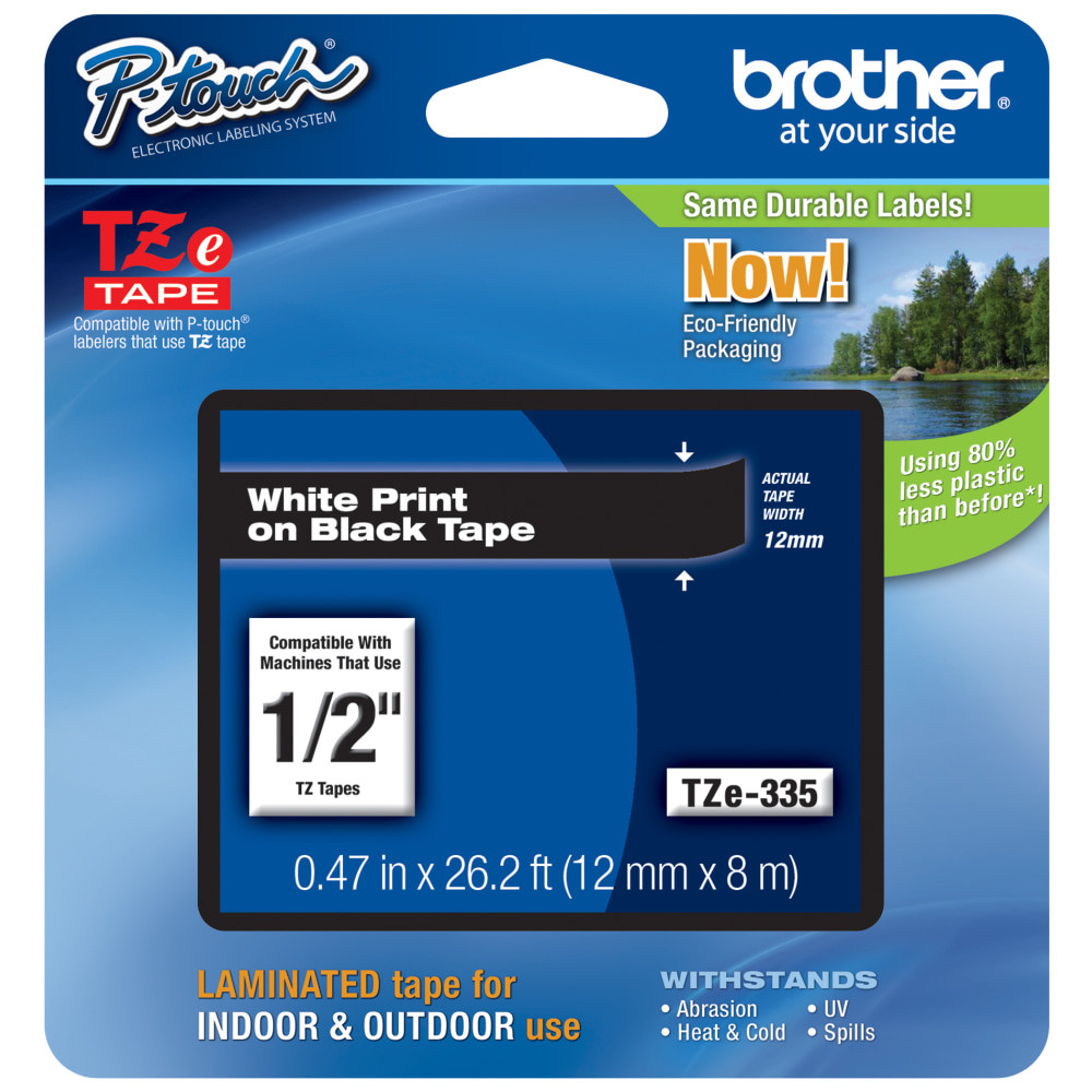 BROTHER INTL CORP Brother TZE335  TZe-335 White-On-Black Tape, 0.5in x 26.2ft