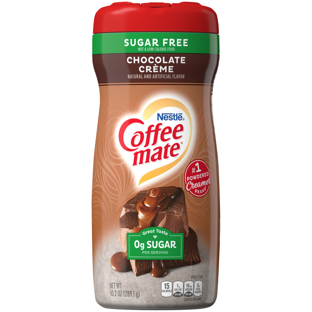 Delight your employees, customers and guests by offering Coffee-mate powdered creamer in your workplace, breakroom or kitchen.  Sugar-free Creamy Chocolate powdered creamer is a sugar-free version of flavorful, creamy chocolate indulgence.  Served in a multi-serve canister, this powdered creamer is an economical creamer solution for the budget-conscious.  With this popular brand of creamer in the office, everyone can enjoy coffeehouse indulgence without ever leaving the building.  Creamer is Kosher Dairy, lactose-free and cholesterol-free.