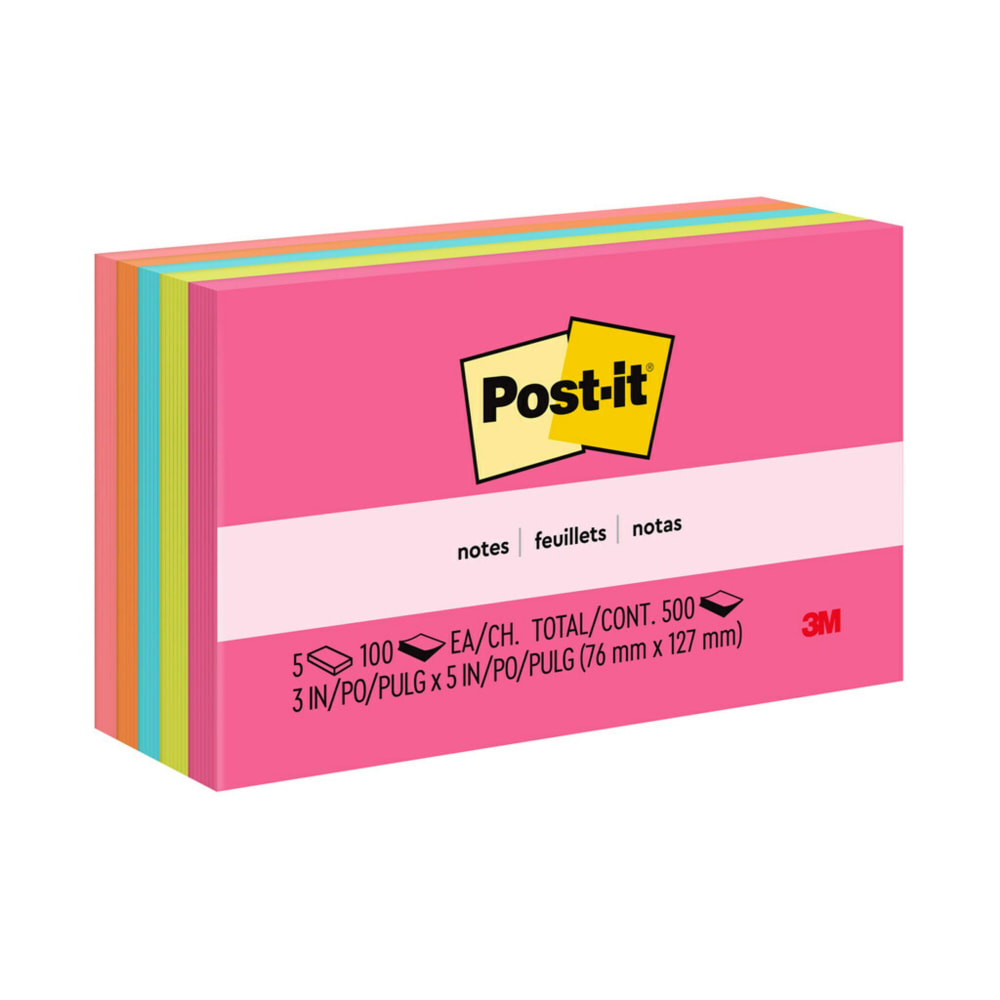 These sticky notes feature a unique adhesive designed for use on paper or in planners. Post-it Notes stick securely yet remove cleanly without damage. Keep your ideas across your notebooks, classroom books, calendars or other documents. No tape or tacks are needed with adhesive notes, saving you money and time on office products or school supplies. Ideal for writing notes or reminders to yourself or others, Post-it Notes are the perfect solution for time tracking, to-do lists, marking cables, color-coding documents, reminding kids to do chores, storyboarding and more.  STICKY NOTES: Post-it Notes are versatile, perfect for calendars, planning, quick reminders, daily planners, visual aids, labeling, marking dates, bookmarks, and more  IDEAL FOR: Post-it Notes are the perfect solution for reminders, time tracking, to-do lists, marking cables, color-coding documents, reminding kids to do chores, storyboarding and more  NO SURFACE DAMAGE: Post-it Notes stick securely and remove cleanly; no tape or tacks are needed, and the adhesive backing of these reusable sticky notes allows for easy repositioning  VARIOUS SIZES AND SHAPES: Available in different sizes, with or without lines, to cater to your specific needs  EYE-CATCHING COLORS: Vibrant and colorful reminders are more likely to grab attention and be noticed  EXPLORE OUR COLLECTIONS: With 11 color collections, the Post-it Brand offers a wide range of options to suit every style and preference, whether at home, in school, or at the office  AMERICAs #1 FAVORITE STICKY NOTE: You are more likely to achieve your goals when you write them down  GET ORGANIZED: Each pack includes 5 pads of 3 in. x 5 in. notes, with 100 sheets per pad, great for your office, work area, or classroom  INTRODUCING THE POPTIMISTIC COLLECTION: Give your messages pop and optimism with the bright colors of Power Pink, Vital Orange, Aqua Splash, Guava, and Acid Lime  ORIGINAL CREATOR: Made in the USA with globally sourced materials, the one and only Post-it Note was originally created by Post-it Brand  RECYCLABLE: All Post-it Notes are sourced from certified, renewable and responsibly managed forests; also, Post-it Notes are recyclable