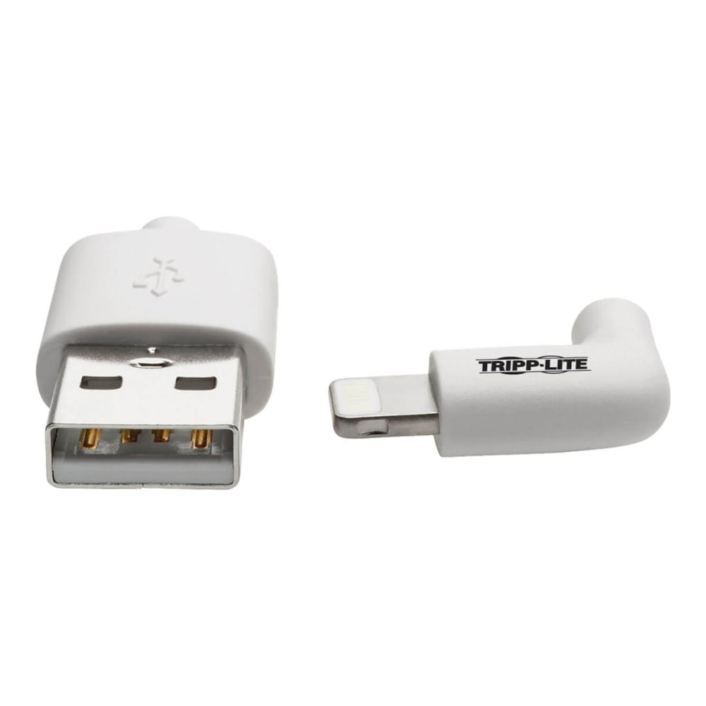 TRIPP LITE M100-003-LRA-WH  Lightning to USB Sync Charge Cable Right-Angle for iPhones iPads Apple White 3ft 3ft - 1 x Lightning Male Proprietary Connector - MFI - Nickel Plated Connector - Gold Plated Contact - White