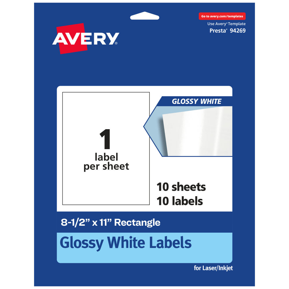 AVERY PRODUCTS CORPORATION 94269-WGP10 Avery Glossy Permanent Labels, 94269-WGP10, Rectangle, 8-1/2in x 11in, White, Pack Of 10
