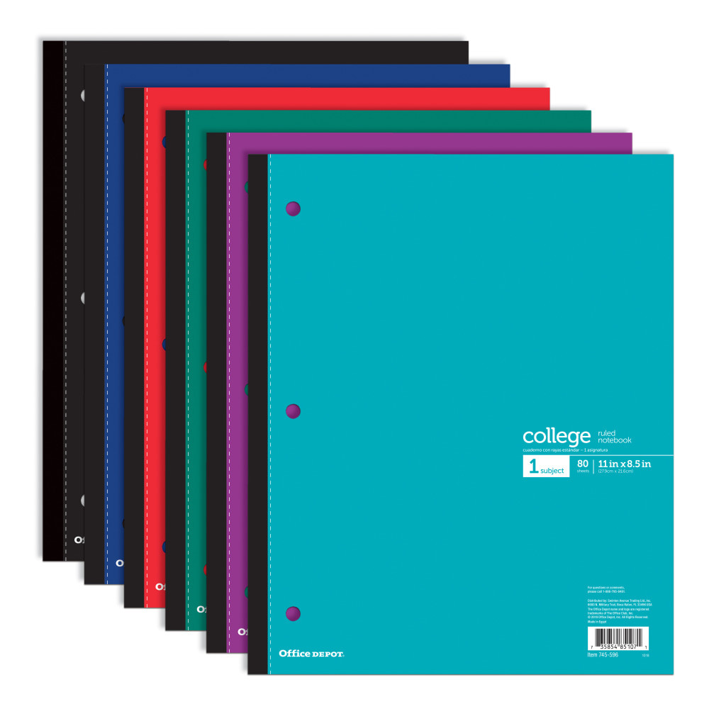 OFFICE DEPOT PD0473757  Brand Wireless Notebook, 8 1/2in x 11in, 1 Subject, College Ruled, 80 Sheets, Assorted Colors