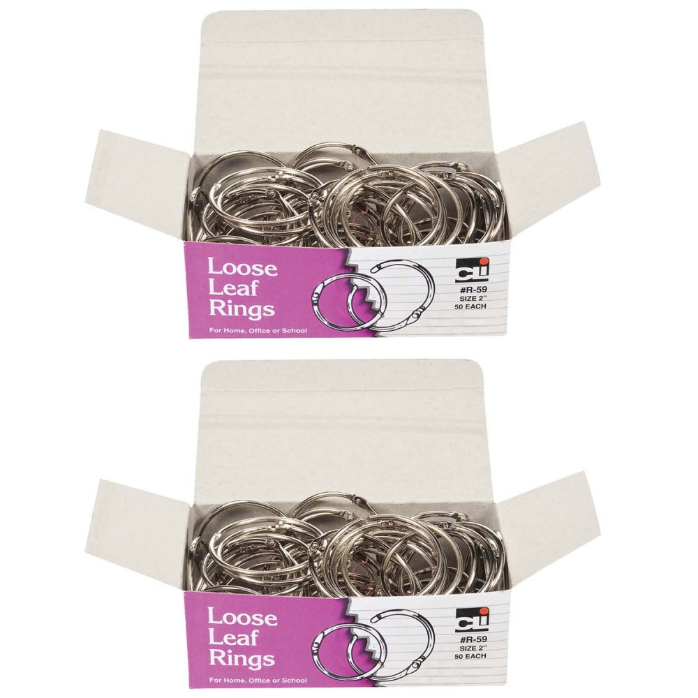 EDUCATORS RESOURCE CHLR59-2 Charles Leonard Loose Leaf Rings With Snap Closure, 2in, Silver, 50 Rings Per Box, Pack Of 2 Boxes