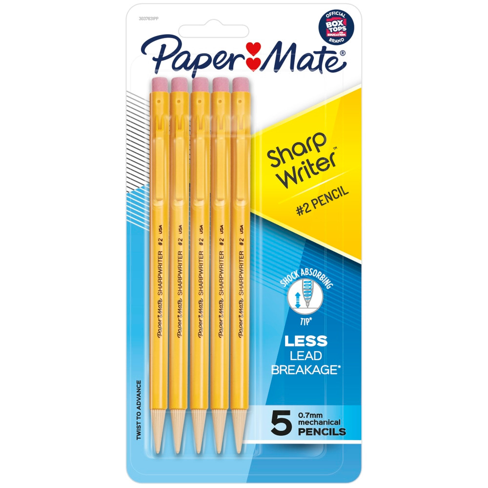 SANFORD LP 30376BPP Paper Mate SharpWriter Mechanical Pencils, 0.7 mm, Yellow Barrel, Pack Of 5 Pencils