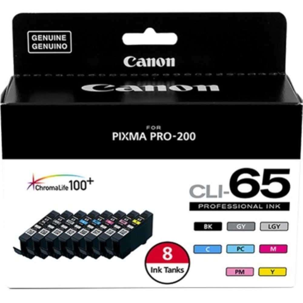 CANON USA, INC. Canon 4215C007  Professional CLI-65 Black, Cyan, Magenta, Yellow, Photo Cyan, Photo Magenta, Gray, Light Gray Ink Cartridges, Pack Of 8