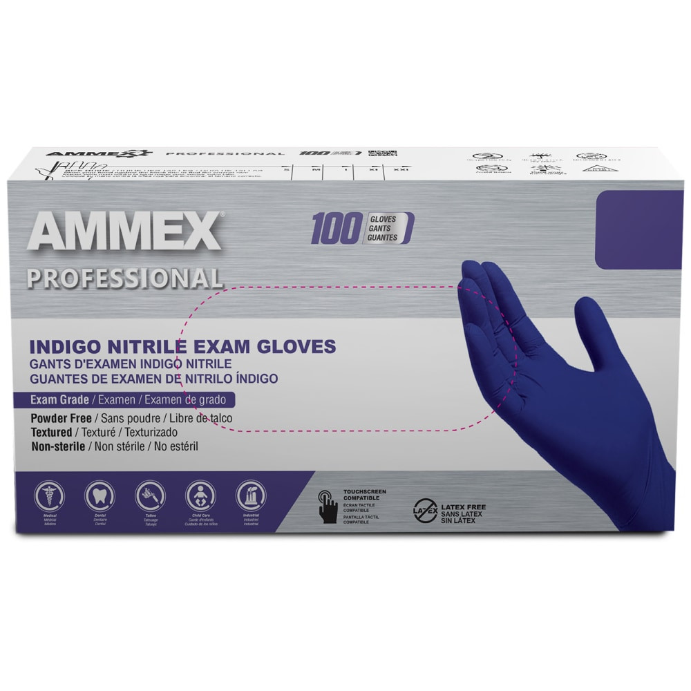 Put safety first with Ammex Professional Indigo Nitrile Exam Gloves. Thanks to the tough, damage-resistant design, these exam-grade gloves provide strong protection for your hands.  Exam-grade gloves help protect your hands.  Made of latex-free nitrile.  Textured fingertips and micro-roughened surface maintain dexterity and a non-slip wet grip.  Powder free to prevent interfering with fresh adhesives, inks and other materials.  FDA approved for non-sterile medical use.  Heavy-duty design resists punctures and damage from most harsh chemicals.