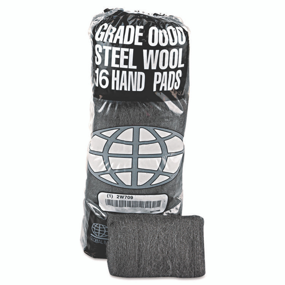 GLOBAL MATERIAL TECHNOLOGIES GMT 117000 Industrial-Quality Steel Wool Hand Pads, #0000 Super Fine, Steel Gray, 16 Pads/Sleeve, 12 Sleeves/Carton