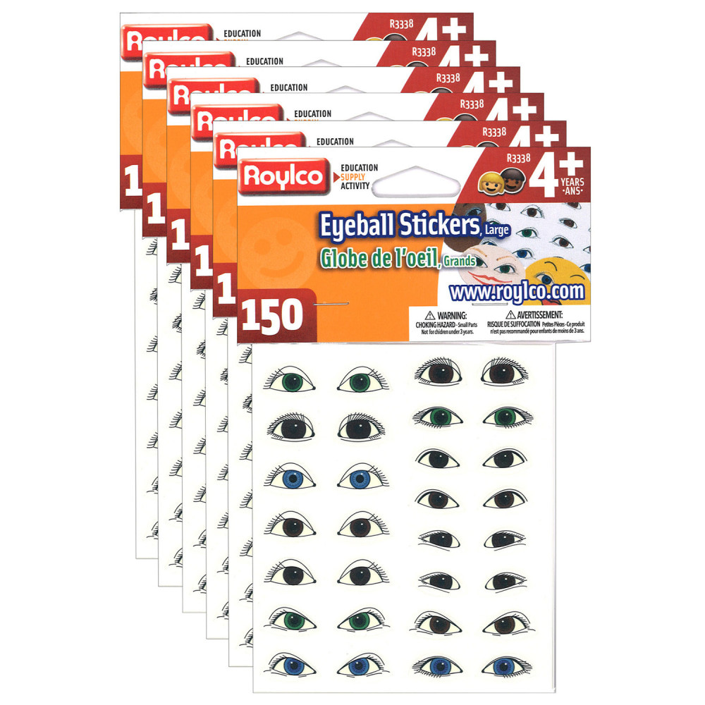 EDUCATORS RESOURCE Roylco R-3338-6  Large Eyeball Stickers, Assorted Colors, 150 Stickers Per Pack, Set Of 6 Packs