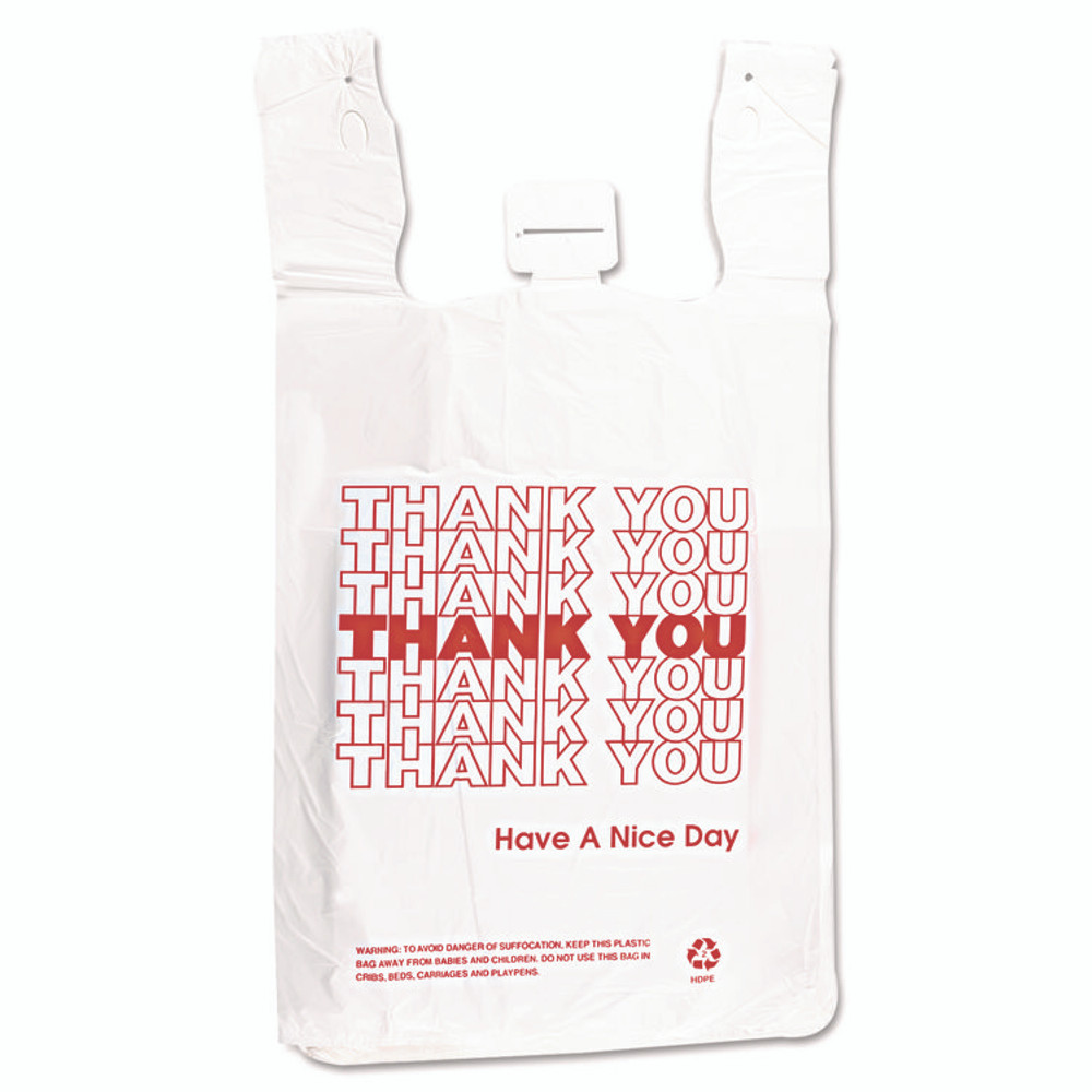 INTEGRATED BAGGING SYSTEMS Inteplast Group THW2VAL HDPE T-Shirt Bags, Thank You - Have a Nice Day Labeling, Cut-Out Handles, 12" x 7" x 23", White/Red, 500/Carton