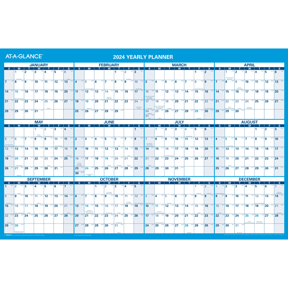 ACCO BRANDS USA, LLC AT-A-GLANCE PM200S2824 2024 AT-A-GLANCE Erasable/Reversible Horizontal Wall Calendar, 36in x 24in, January to December 2024, PM200S28