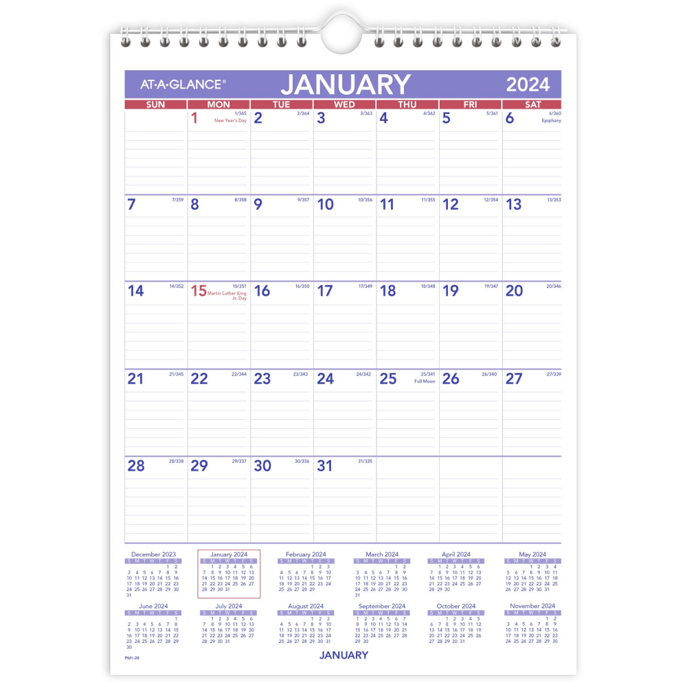 ACCO BRANDS USA, LLC AT-A-GLANCE PM12824 2024 AT-A-GLANCE Monthly Wall Calendar, 8in x 11in, January to December 2024, PM128