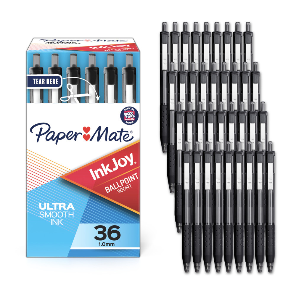 NEWELL BRANDS INC. 1921068 Paper Mate InkJoy 300 RT Retractable Pens, Medium Point, 1.0 mm, Clear Barrel, Black Ink, Pack Of 36
