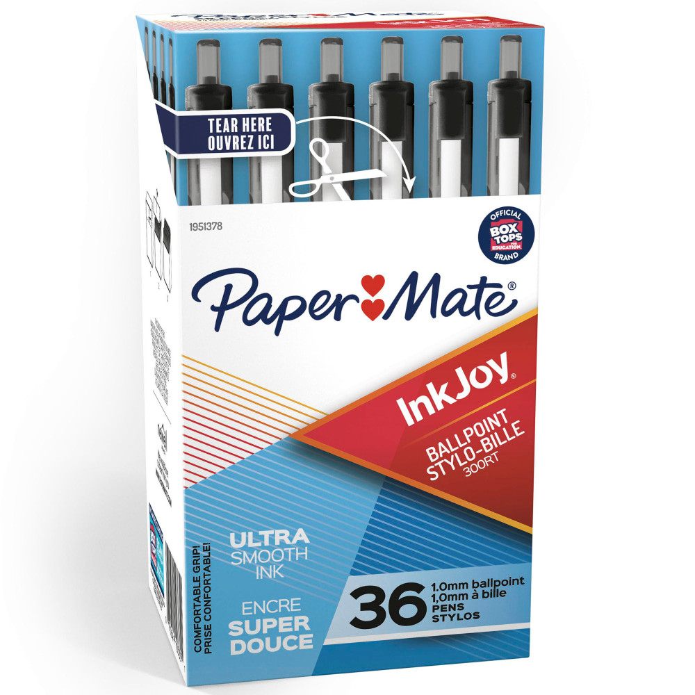 NEWELL BRANDS INC. 1921068 Paper Mate InkJoy 300 RT Retractable Pens, Medium Point, 1.0 mm, Clear Barrel, Black Ink, Pack Of 36