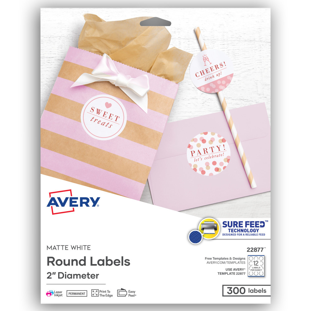 AVERY PRODUCTS CORPORATION 22877 Avery Printable Labels With Sure Feed, 22877, Round, 2in Diameter, Matte White, 300 Customizable Labels