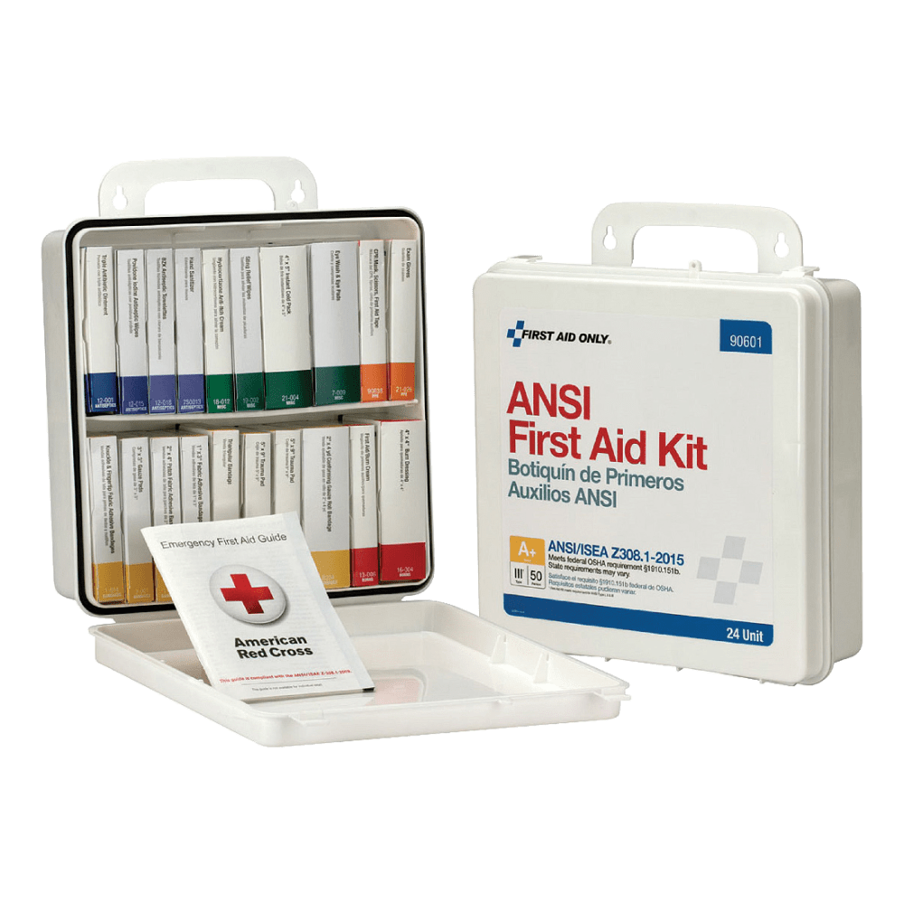 Designed for use in small offices, this first aid kit contains supplies to help ensure you can treat minor wounds and injuries until medical personnel arrive. The rugged plastic case is water resistant and can be mounted on a wall for easy access.  Great way to help make sure your small business is prepared in the case of a minor medical emergency.  Sturdy plastic case is weather resistant and can be mounted on a wall for fast access when needed. Built-in handle allows it to be carried to the scene of an accident.  Fabric bandages help protect minor scrapes and abrasions.  Antibiotic ointments and antiseptic wipes help minimize the chance of infections.  Burn cream packets and burn dressings allow you to treat small injuries.  Other supplies include first aid tape, CPR mask, scissors, cold compress, eyewash with pads and strips, hand sanitizer packets, nitrile exam gloves, gauze roll, dressing pads, trauma pad, triangular sling/bandage, adhesive bandages, povidone iodine antiseptic wipes, anti-itch cream packets and sting-relief wipes.  First aid booklet helps guide you through simple treatments.  Designed for use in small offices of up to 50 people.  Exceeds ANSI Class A requirements.
