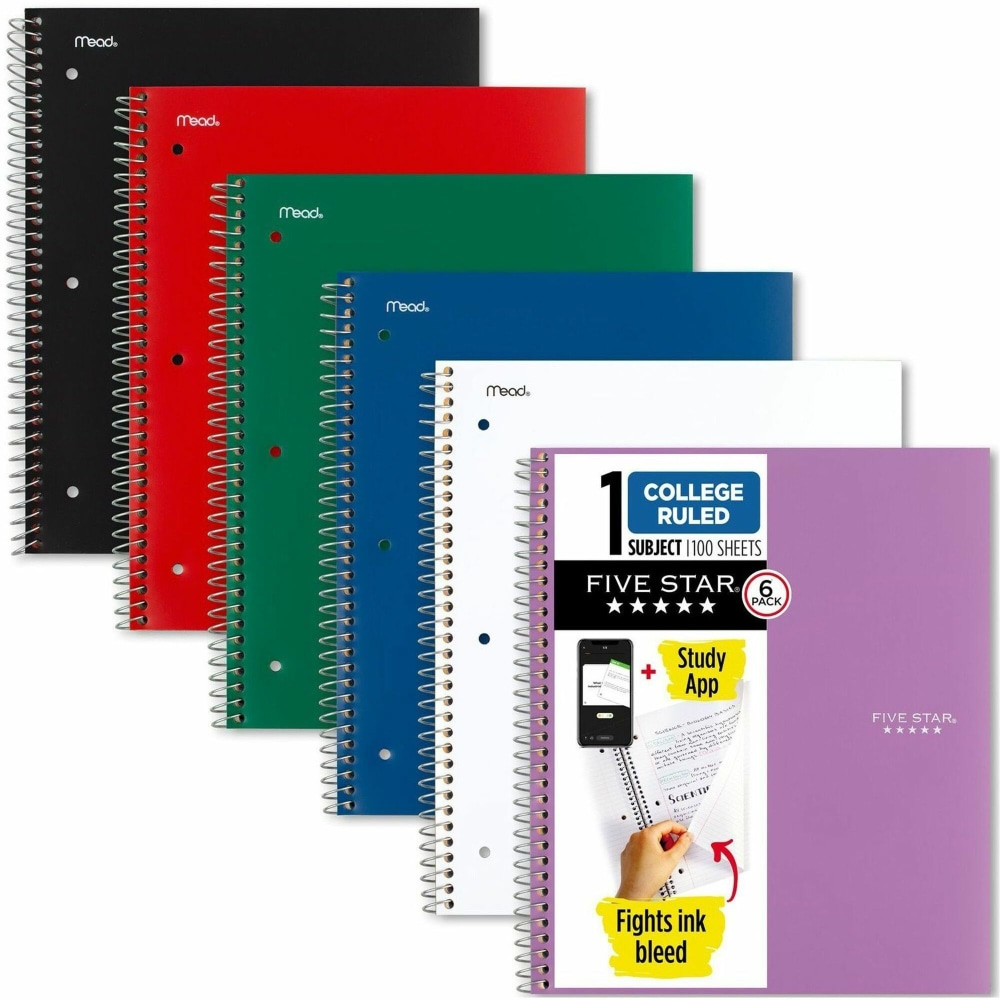 MEADWESTVACO CORP 38052 Mead Five Star Spiral Notebooks, 1 Subject, College Ruled, 100 Sheets, Assorted, Pack Of 6