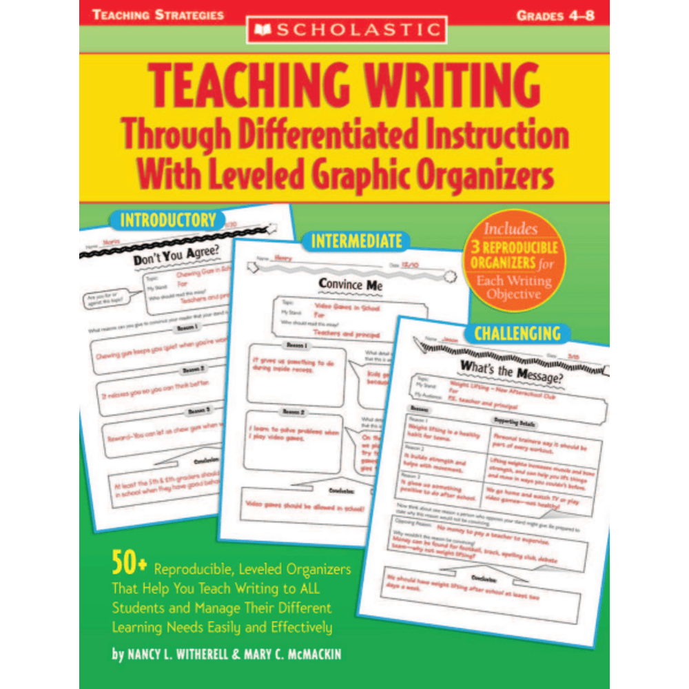 Designed for teachers who want to teach writing effectively to students of different ability levels, this resource offers lessons, leveled organizers and writing models to make planning and gathering materials a cinch.  Seventeen units cover topics from structuring paragraphs to using elaboration to develop ideas, to persuasive essay writing.  Helps ALL students master the writing skills and concepts they need to succeed on standardized tests and beyond.