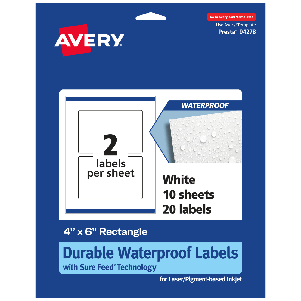 AVERY PRODUCTS CORPORATION 94278-WMF10 Avery Waterproof Permanent Labels With Sure Feed, 94278-WMF10, Rectangle, 4in x 6in, White, Pack Of 20
