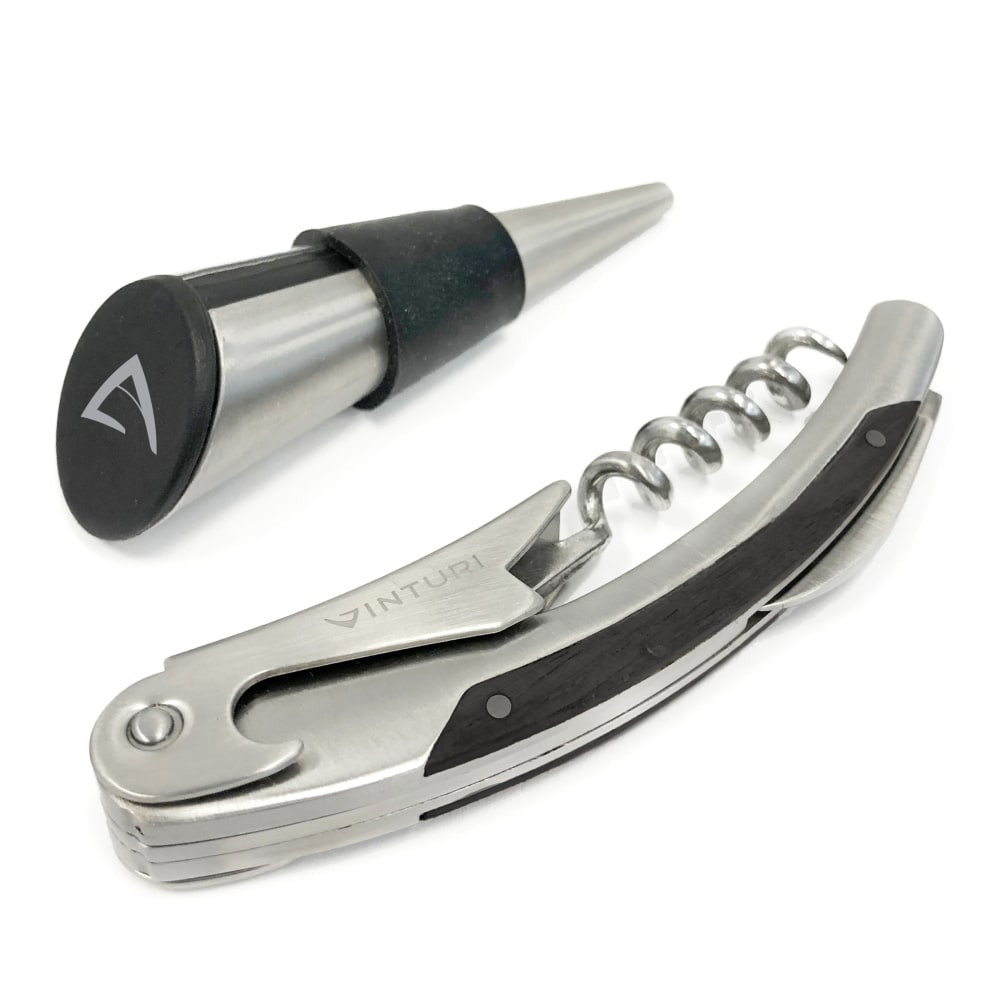 Open wine bottles easily with this Edgecraft Vinturi Waiters Corkscrew. This corkscrews soft grip handle offers a secure and comfortable grip while you open up bottles.  Stainless steel and silicone construction.  Double step leverage for simple cork removal.  Built-in foil cutter.  Soft-grip handle provides a comfortable and secure grip.  For use with all cork types.  Backed by the manufacturer"s 2-year limited warranty.