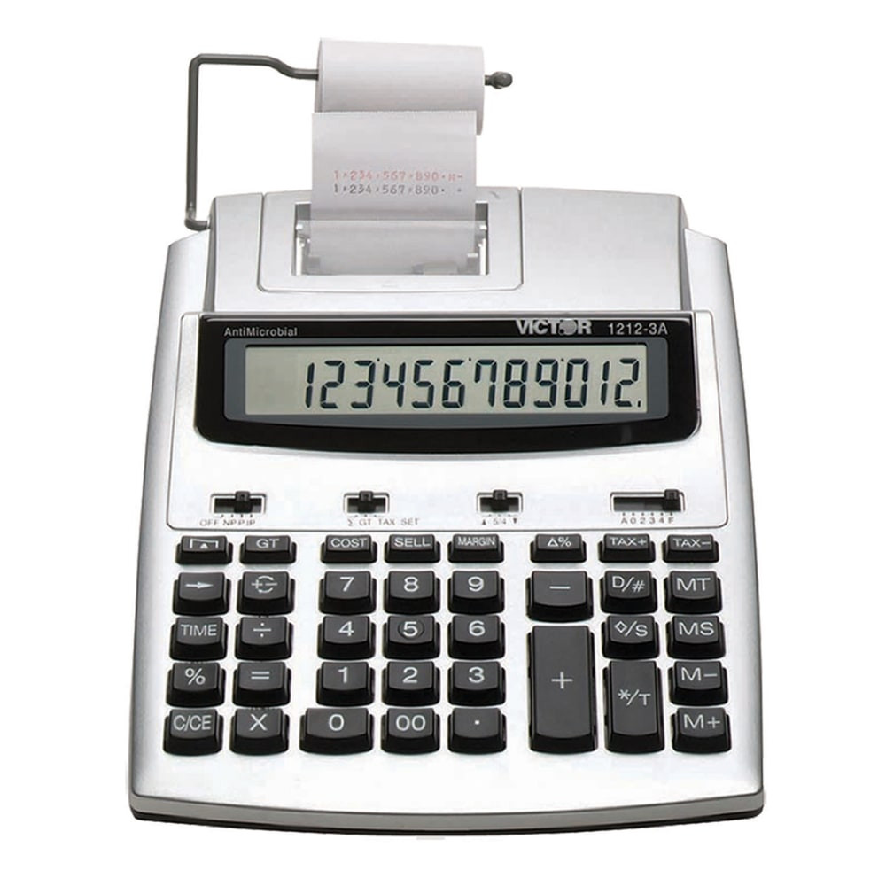 Victor 12-digit commercial printing calculator with an extra-large LCD display which shows individual entries and running subtotals. Engineered with an antimicrobial protected agent that reduces the growth of microbes and bacteria that can cause discoloration and odors.  Change sign key, large add and subtract keys.  2.7 LPS 2-color printer.  Non-print or print mode.  Non-add/date key.  Full decimal settings.  Markup and selectable rounding.  Four-key independent memory.  Operates on 4 AA batteries (not included) or on the included AC adapter.  Contains Recycled Content - See Specs for Details.