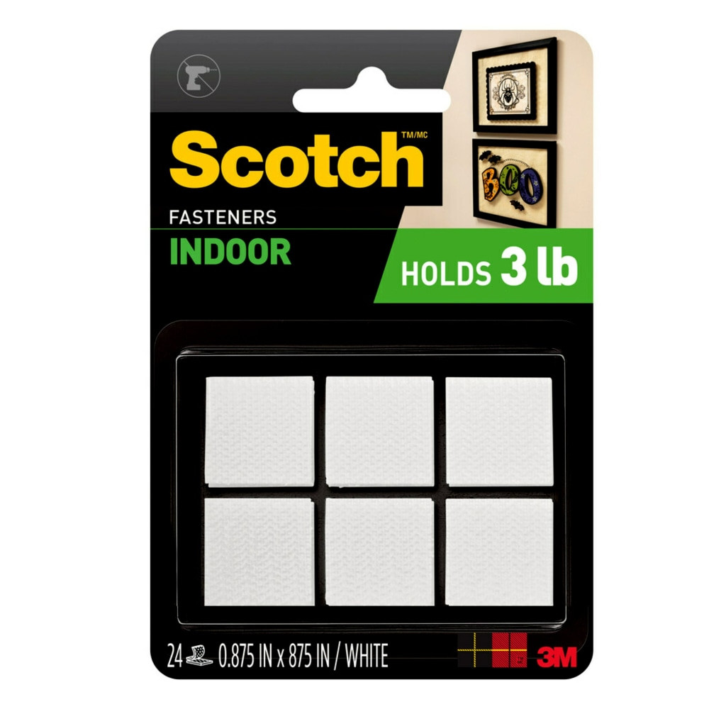 3M CO RF7120X Scotch Sticky Back Hook & Loop Fastener Tape, White, 7/8in x 7/8in, Pack Of 24