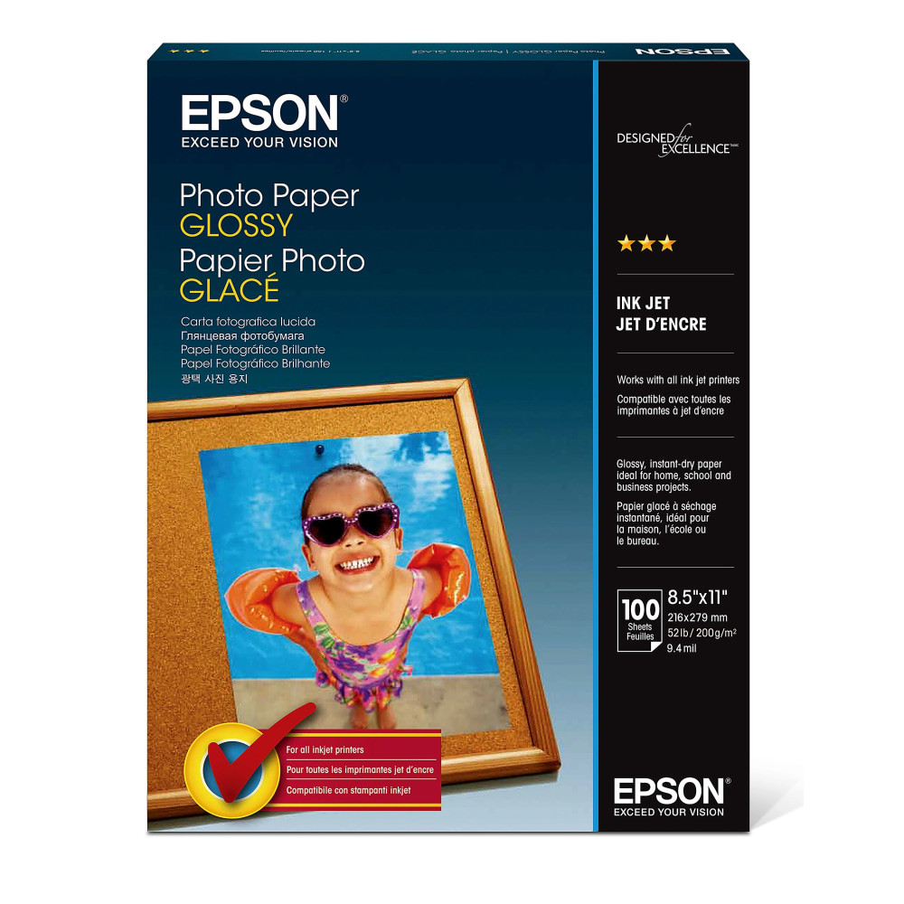 EPSON AMERICA INC. S041271 Epson Glossy Photo Paper, Letter Size (8 1/2in x 11in), Pack Of 100 Sheets