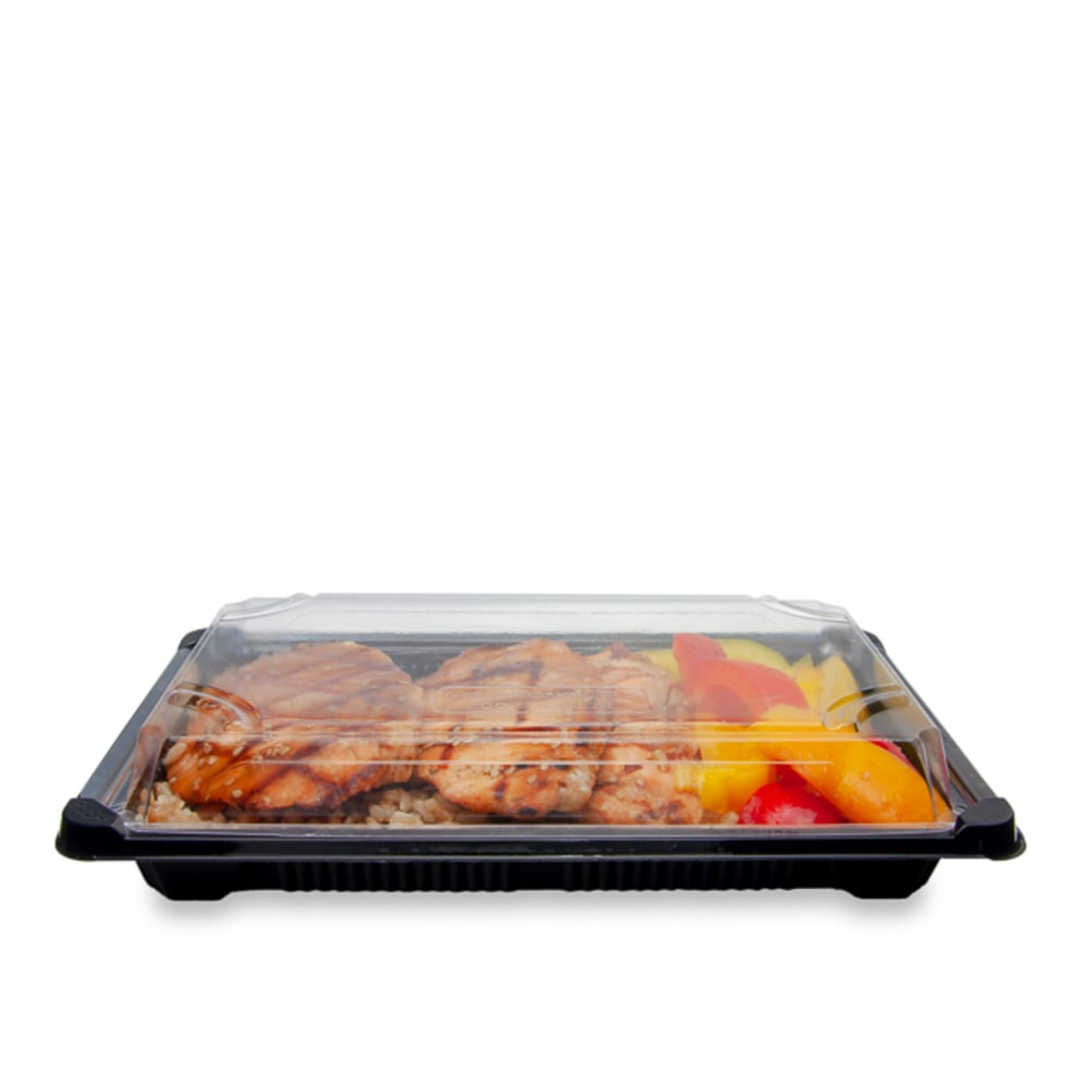 ASEAN CORPORATION PLA-ST03 Stalk Market Compostable Food Trays, With Lids, 9.25in x 5.75in x 1.75in, Clear lids and black bottoms, Pack of 300 Trays