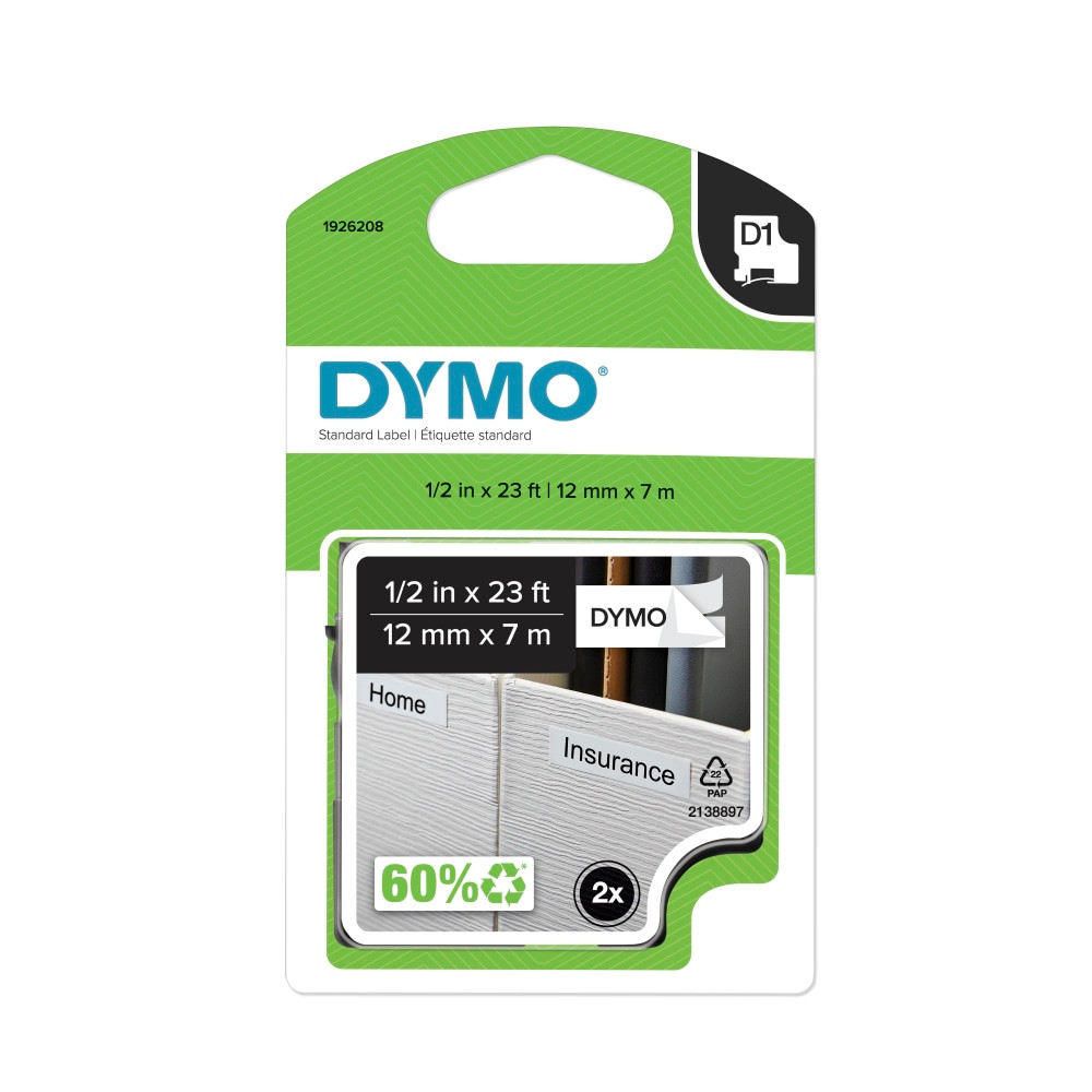 NEWELL BRANDS INC. 1926208 DYMO D1 45013 Black-On-White Tape, 0.5in x 23ft, Pack Of 2