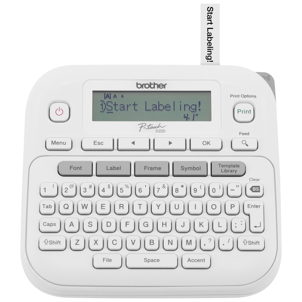 Keep your home and office areas organized with the Brother P-touch PT-D220 Home / Office Everyday Label Maker. Uses TZe label tapes up to ~1/2in.  ORGANIZE & PERSONALIZE PRACTICALLY ANYTHING. The ideal organization partner for your home or home office with up to ~1/2in (12mm) labels.  USES DURABLE GENUINE BROTHER TZE LABEL TAPES. Water-resistant, fade-resistant, and chemical-resistant - for indoor and outdoor use. Available in a variety of finishes and colors.  EXPRESS YOURSELF. With a selection of 14 fonts, 11 font styles, 99 frames, and over 600 symbols.  FULL QWERTY KEYBOARD. With easy one-touch formatting keys for quick and efficient label making.  25 PRE-SET LABEL TEMPLATES. Create and print professional-looking labels in an instant with a variety of templates for home organization, asset management, and more.  PREVIEW LABELS BEFORE THEY'RE PRINTED. Avoid errors on the 15-character display screen.  SEE IT CLEARLY. Labels print with sharp, 180 dpi print resolution.  MEMORY SAVES UP TO 30 FREQUENTLY USED LABELS. Create them, save them, find them, and reprint them as many times as needed.  BROTHER GENUINE TZE LABEL TAPES. Stick to flat smooth surfaces, with stronger adhesive options for rough, uneven surfaces like tables and shelves.  MAKE A BOLD STATEMENT. Using 5 font sizes and up to 2 lines of text.