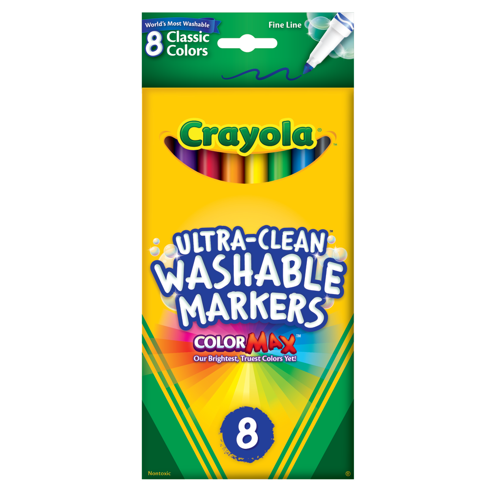 CRAYOLA LLC Crayola 58-7809  Ultra-Clean Washable Color Markers, Thin Line, Assorted Classic Colors, Box Of 8