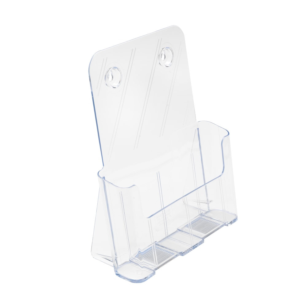 Display brochures, newsletters and magazines  Clear plastic rack keeps everything in order.  Fits on desktops or can be mounted to walls and doors.  Rounded edges offer smooth, clean appearance.  Countertop or wall mount unit.  Accommodates magazine size materials.