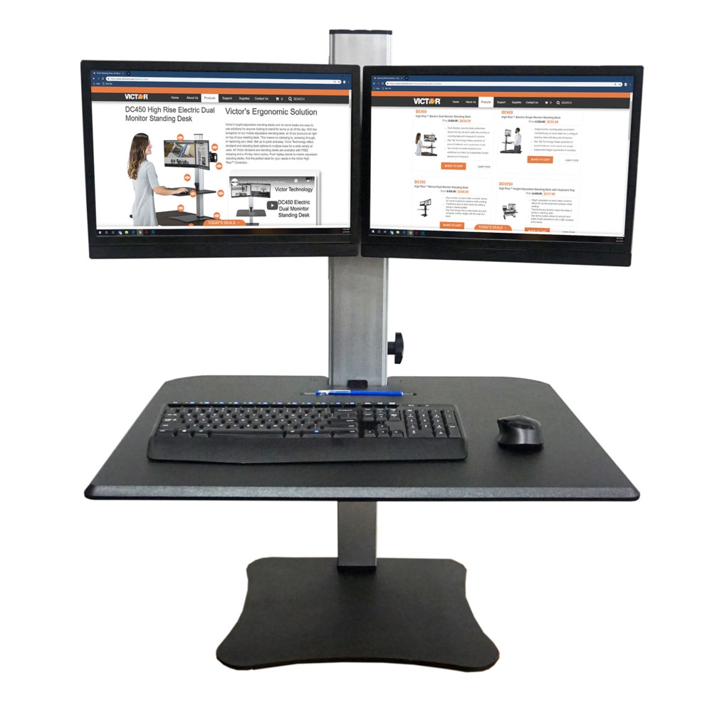 Dual monitor sit-stand desk converter allows for correct ergonomics posture while working  Worksurface features height adjustment range of 20in above the desktop. Monitor holders have 12.5in height adjustment range.  Worksurface easily holds a keyboard, mouse, phone and accessories on the surface.  Converter features dual monitor capability. Mounting bracket can hold either two 24in wide monitors or a single monitor located in the middle of the bracket  Gas strut design easily raises or lowers the desk surface and computer monitor independently.  Tilt and swivel monitor arm allows for ergonomic alignment of whether sitting or standing.  Lower the work surface flush with your desk to work when seated.  Heavy steel base prevents tipping.  Assembly required.