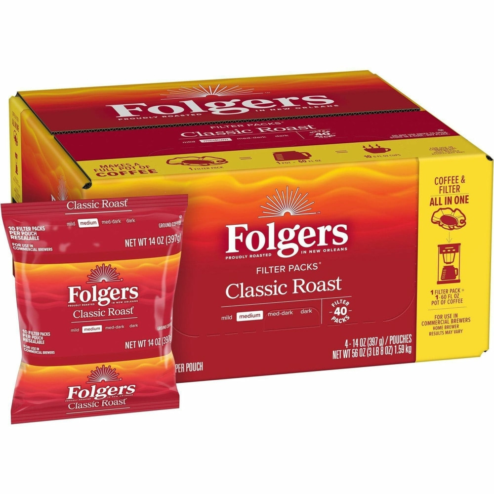 Folgers coffee filter packs help you get coffee brewing in less time with less mess. Simply pop these portioned packets into the basket and brew. Start your day on the right foot with a fresh, hot cup of Folgers coffee brewed to perfection.  Blend offers a smooth, rich flavor.  Classic roast coffee filter packs are pre-portioned and sealed to eliminate coffee grinds.  Disposable design simplifies use and reduces mess.