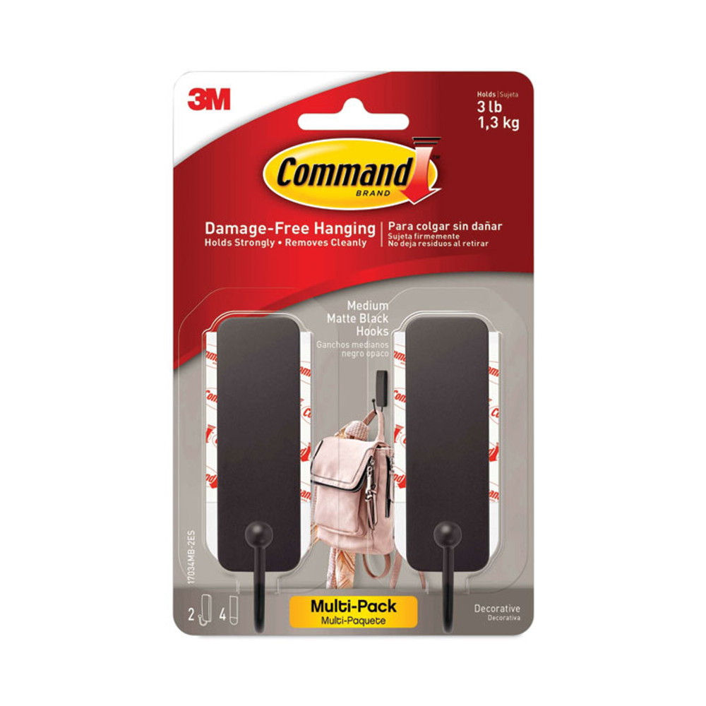 3M/COMMERCIAL TAPE DIV. Command™ 17034MB2ES Decorative Hooks, Medium, Plastic, Matte Black, 3 lb Capacity, 2 Hooks and 4 Strips/Pack