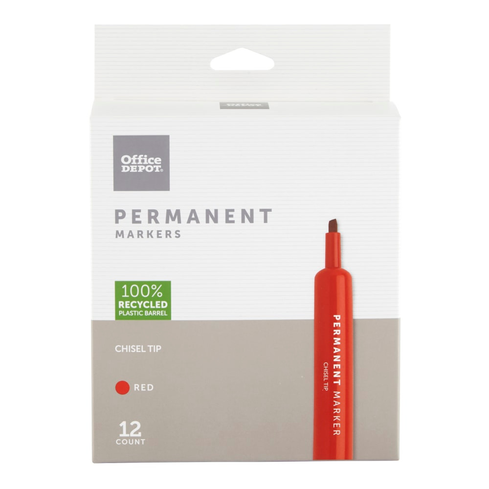 Complete your stock of go-to writing supplies with these Office Depot recycled markers. Outfitted with quick-drying ink and versatile chisel tips that work with a vast range of surface materials, they are the perfect option for everyday use.  Permanent markers write on most surfaces.  Fast-drying, fade- and water-resistant ink resists smearing.  Chisel tip creates bold or fine lines.  Large barrel offers long-lasting use.  Comes with chisel-point red markers in a 12-pack.  ACMI Certified AP Nontoxic. For detailed information see www.acmiart.org.  Less harsh chemicals - made with fewer harsh chemicals, or safer chemicals than typical alternatives, helping  reduce your use of and exposure to substances that may be more harmful to your health and the environment.  Contains Recycled Content - See Specs for Details.