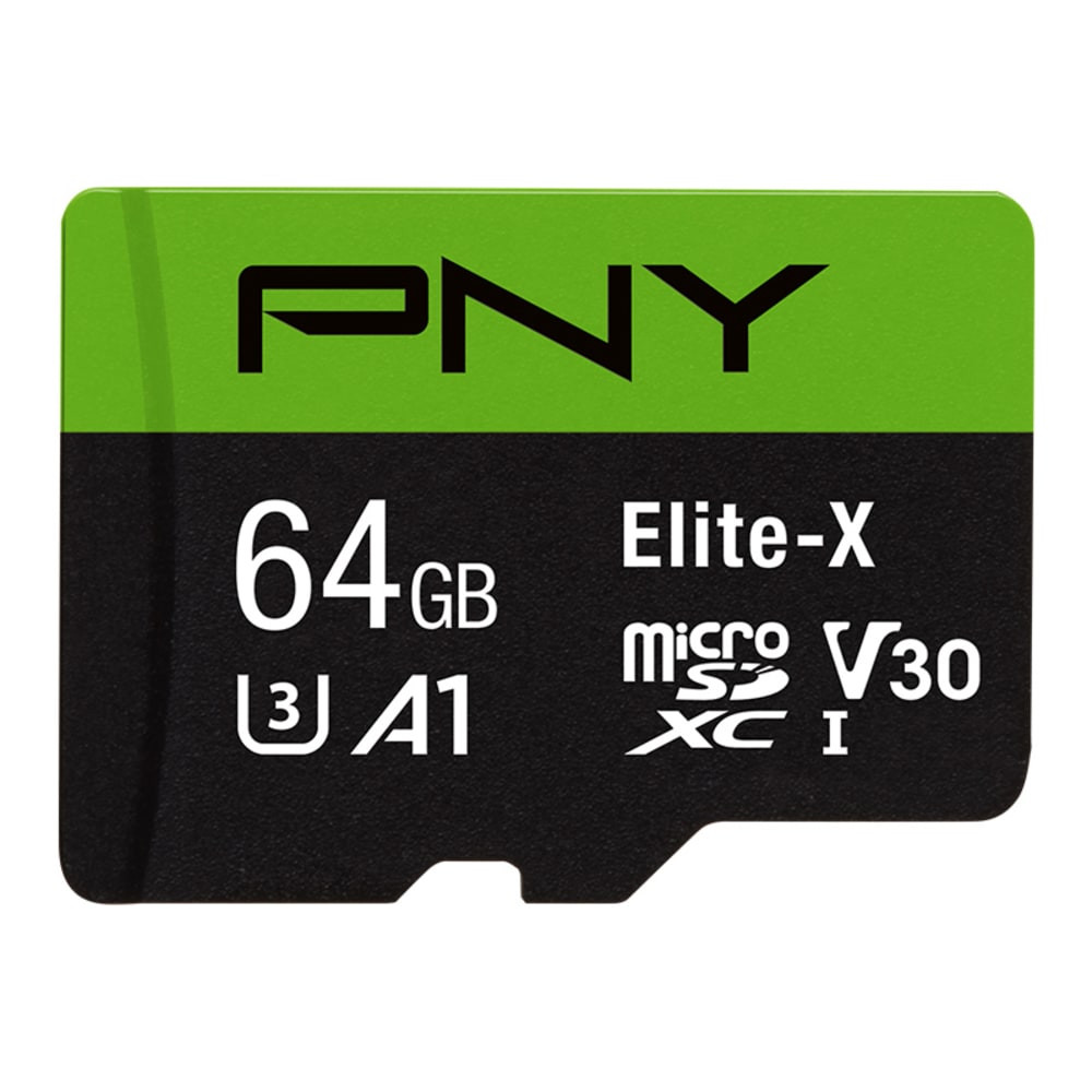 PNY 64GB Elite-X Class 10 U3 V30 microSDXC Flash Memory Card is the perfect solution by which to expand on-board memory of mobile devices such as smartphones, tablets, action cameras, drones and more, allowing users to free up space to enjoy more digital content.  PNY Class 10, U3, V30 speed class performance with read speeds up to 100MB/s for fast and smooth burst mode HD Photography and 4K Ultra HD Videography.  A1 App Performance enables apps to run directly from the microSD card, for faster app launch and performance  Record and transfer digital content from microSD enabled host devices such as smartphones, tablets, action cameras, drones, computers, etc.  Included SD adapter for compatibility with SD enabled host devices  Reliable & Durable: Shock Proof, Temperature Proof, Waterproof