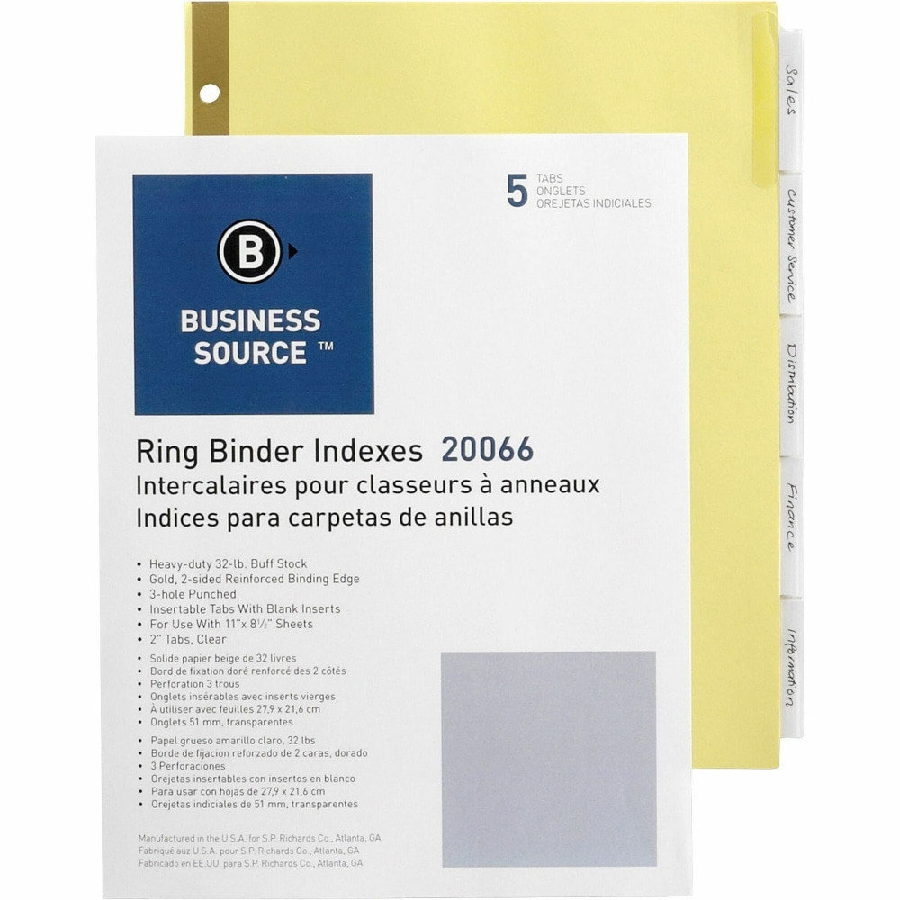 SP RICHARDS 20066 Business Source Insertable 5-Tab Ring Binder Indexes - 5 x Divider(s) - 5 Tab(s)/Set2in Tab Width - 8.5in Divider Width x 11in Divider Length - Letter - 3 Hole Punched - Buff Divider - Clear Tab(s)