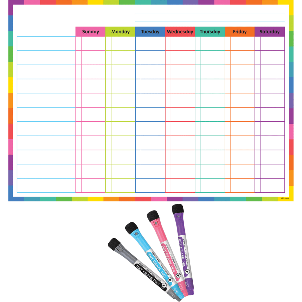 Keep track of important deadlines and duties with a Teacher Created Resources Colorful Dry-Erase Magnetic Task Chart. This task chart can help with assigning specific jobs to your students.  Made from acid-free paper.  Write-on and wipe-off surface for reuse.  Holds space for up to 11 tasks with a check mark column for each day of the week to mark completion.  Use on magnetic surfaces like whiteboards, lockers, desks and shelves.  Includes 4 dry-erase pens in black, blue, pink and purple.