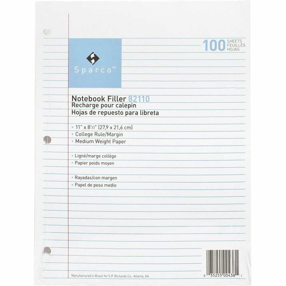 SP RICHARDS 82110 Sparco Notebook Filler Paper, 8-1/2in x 11in, College Rule, White, Pack of 100 Sheets