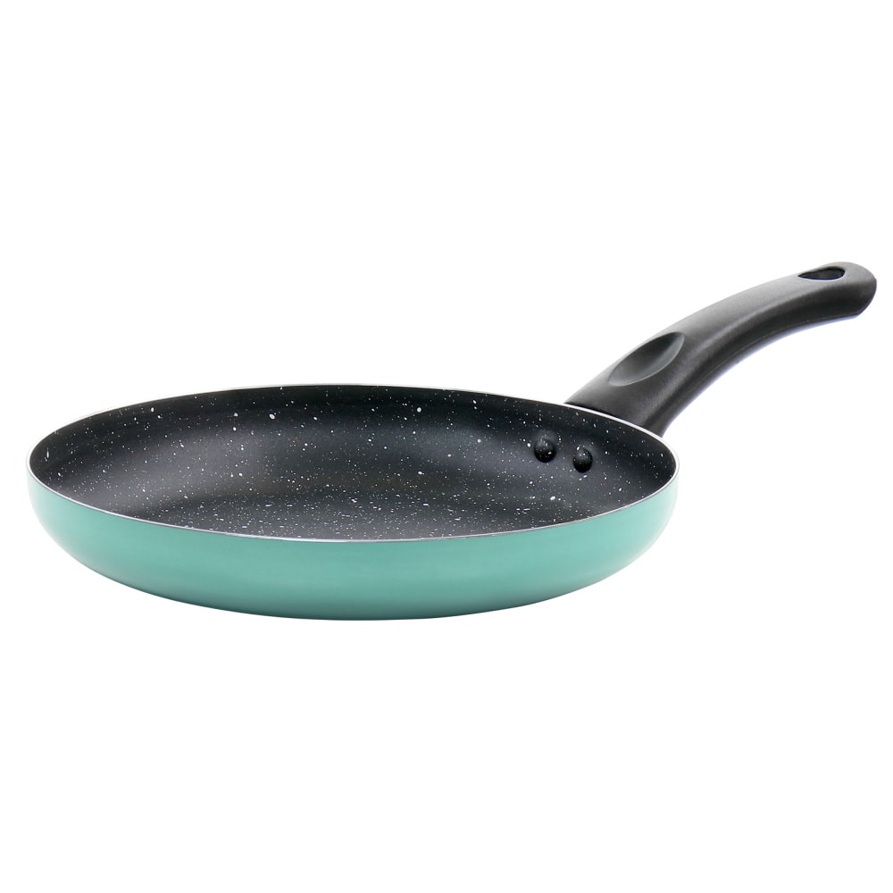 Cook meats, vegetables and other foods for your family and friends to enjoy with this Oster Luneta Aluminum Non-Stick Frying Pan. The bakelite handles stay cool to the touch so you can comfortably handle this pan while cooking.  Made from aluminum for durability.  Non-stick coating for easy food release.  Bakelite handle offers a comfortable grip.  Gas, halogen, electric and vitroceramic compatible.  Hand wash only.  Handle measures 7in.