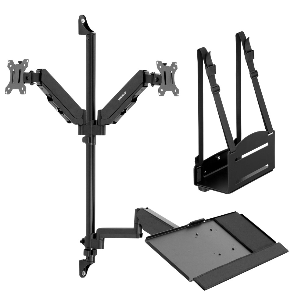 MI-7992 dual monitor wall mount workstation is designed for commercial and industrial use. It houses dual monitors, keyboard & mouse tray, as well as a desktop computer CPU in a compact and ergonomic package. Full motion arms for the monitor mounts and the keyboard tray come with a gas spring mechanism to freely adjust the height of these components.  The arms can also slide up and down on the wall mounted pole for larger height adjustments.MI-7992 is compatible with 75mm x 75mm and 100mm x 100mm VESA patterns, and fits monitors up to 32inFoldable keyboard tray is 26in wide to accommodate a full-size keyboard and mouseHigh-strength steel offers 17.6 lb. capacity for each monitor and 22 lb. capacity for the CPU mountHeight-adjustments are a breeze with the gas spring arms, and the full motion arms allow precision adjustments for the most comfortable positionAn ideal addition to any workspace, but especially suited for medical and industrial applications  WALL MOUNT STANDING COMPUTER WORKSTATION - Full motion standing  workstation saves space and promotes healthy movement. Ideal of multiple user  set ups in hospitals and industrial applications. Gas spring arms allow  height adjustment for various users.  HEIGHT ADJUSTABLE DUAL MONITOR WALL MOUNT WITH KEYBOARD TRAY -  Complete system that mounts directly to stud and concrete walls. Comes with a  dual monitor mount that fits up to 32in monitors, keyboard/mouse tray,  and CPU holder.  UNIVERSAL COMPATIBILITY - Monitor mounts are VESA 75x75mm and  100x100mm compatible and fits all monitors up to 32in with VESA patterns.  Keyboard tray is 26in wide to fit full size keyboard and mouse. Foldable  keyboard tray saves space when not in use. Width of the CPU wall mount can be  adjusted to fit various towers.  HEAVY DUTY CONSTRUCTION - Sturdy pole design with dual  connection to the wall studs provides a secure base for the entire  workstation. High-strength steel offers 17.6 lbs capacity for each monitor  and 22 lb capacity for the CPU mount.  BONUS FEATURES - Keyboard tray comes with a soft wrist pad for  added comfort. Cable management on the arms offer clean installation.  Removable VESA heads allow easy installation of monitors and quick disconnect  function. Wide range of height and angle adjustment at each arm ensure every  user can adjust the screens and the keyboard to an ergonomic position.