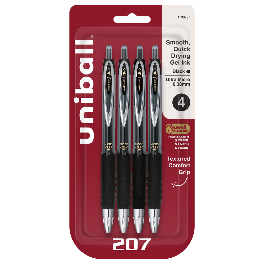 Retractable gel pens feature a 0.38mm micro tip for crisp and consistent writing  Pigment-based gel offers vibrant ink color, ensuring that every mark is brilliantly communicated  uni Super Ink technology forms a strong bond with the paper, preventing document fraud and check washing  A textured grip allows comfortable writing while ensuring greater control and precision throughout your tasks and projects  Professionals first choice gel pen with stylish metallic accents and a high-quality finish  Comes in a 4 pack of black pens with translucent black barrels.  Features a 0.38 mm tip to create ultra-fine lines.
