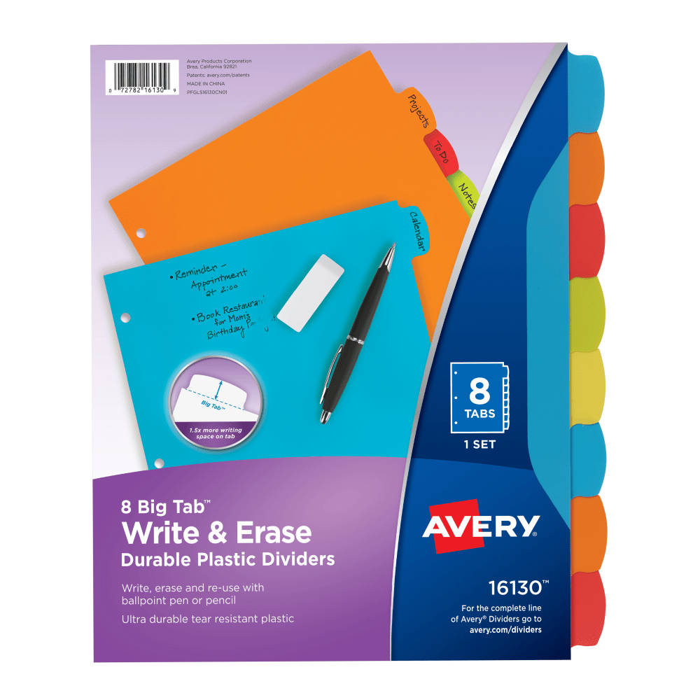 These Avery Big Tab Write & Erase Durable Plastic Dividers let you write, erase and reuse your 3 ring binder dividers, ready for easy changes at any time. Easily customize your dividers by writing directly on the stylishly shaped tabs with a ballpoint pen or pencil, and erase as needed. You can also take quick notes on the 8.5in x 11in plastic divider body and easily erase later.  Reuse dividers again and again with our write and erase durable plastic binder dividers.  Write directly on tab dividers for 3 ring binders with ballpoint pen or pencil and easily erase and rewrite for quick changes.  Get 1.5 times more writing space than other 3 ring binder dividers with tabs with our Big Tab design.  Enjoy long-lasting subject dividers that are tear-resistant and can be easily wiped clean with most non-abrasive household cleaners.  These tab binder dividers are great for personal organization at home, work and school.  UL Claim Validation - UL environmental claim validations lend third-party credibility to single-attribute environmental claims.