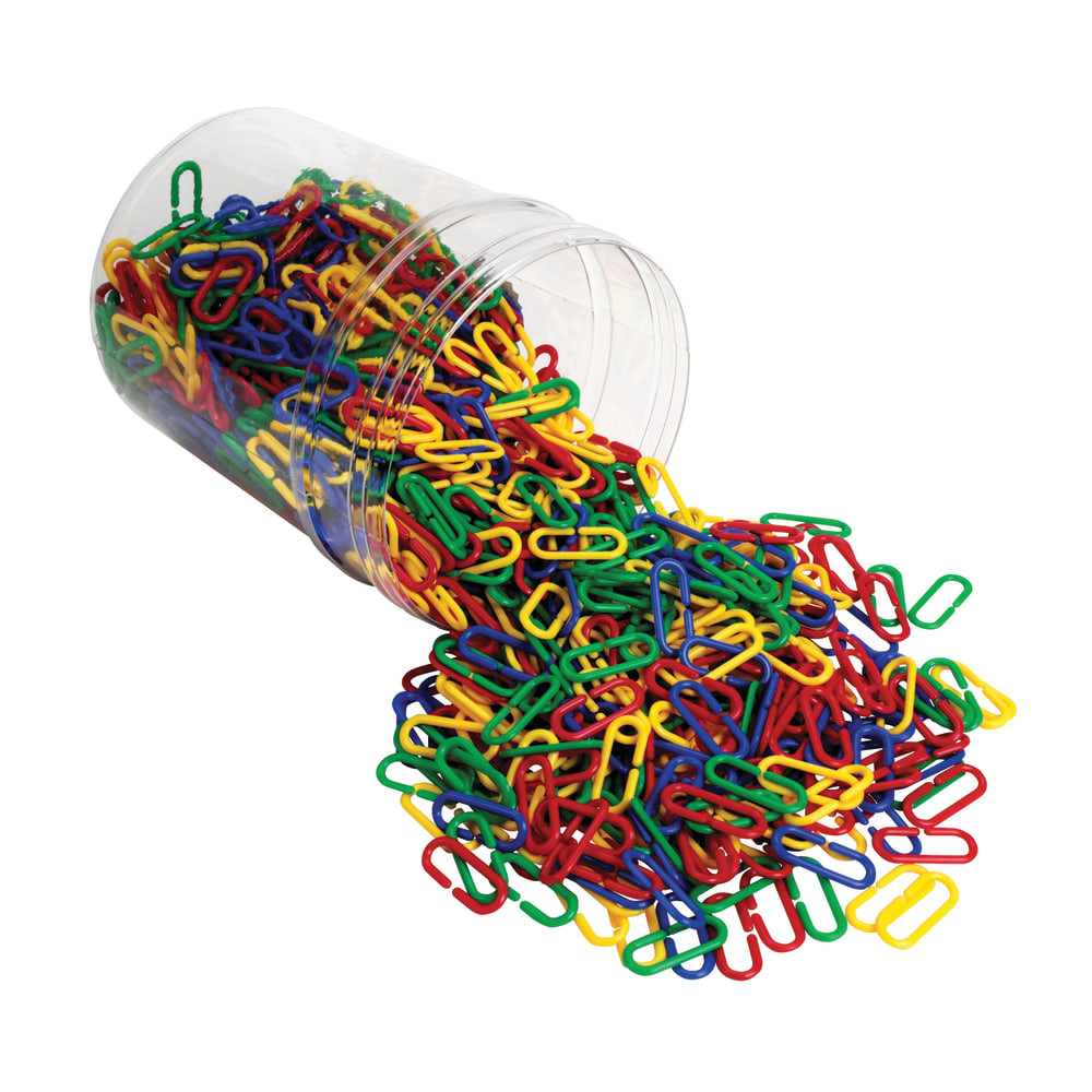 Help kids get creative as they build fine motor skills. Colorful, pliable links are ideal for teaching counting, patterning and sorting.  A fun way to create jewelry and other creative projects that reinforce math skills.  Pliable construction makes the links easy to manipulate.  Helps children develop fine motor skills while learning to count, pattern and sort items by color.  Each link measures 1 5/8in x 3/4in.  Includes a storage bucket and an activity guide.  A great way to engage children with basic math skills in preschool through grade 2 classrooms.